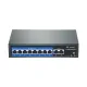 Jovision JVS-S10-8P-120W 8-port PoE switch with AI detection, IEEE 802.3af/at compliance, VLAN/Extend modes, and 120W power budget.